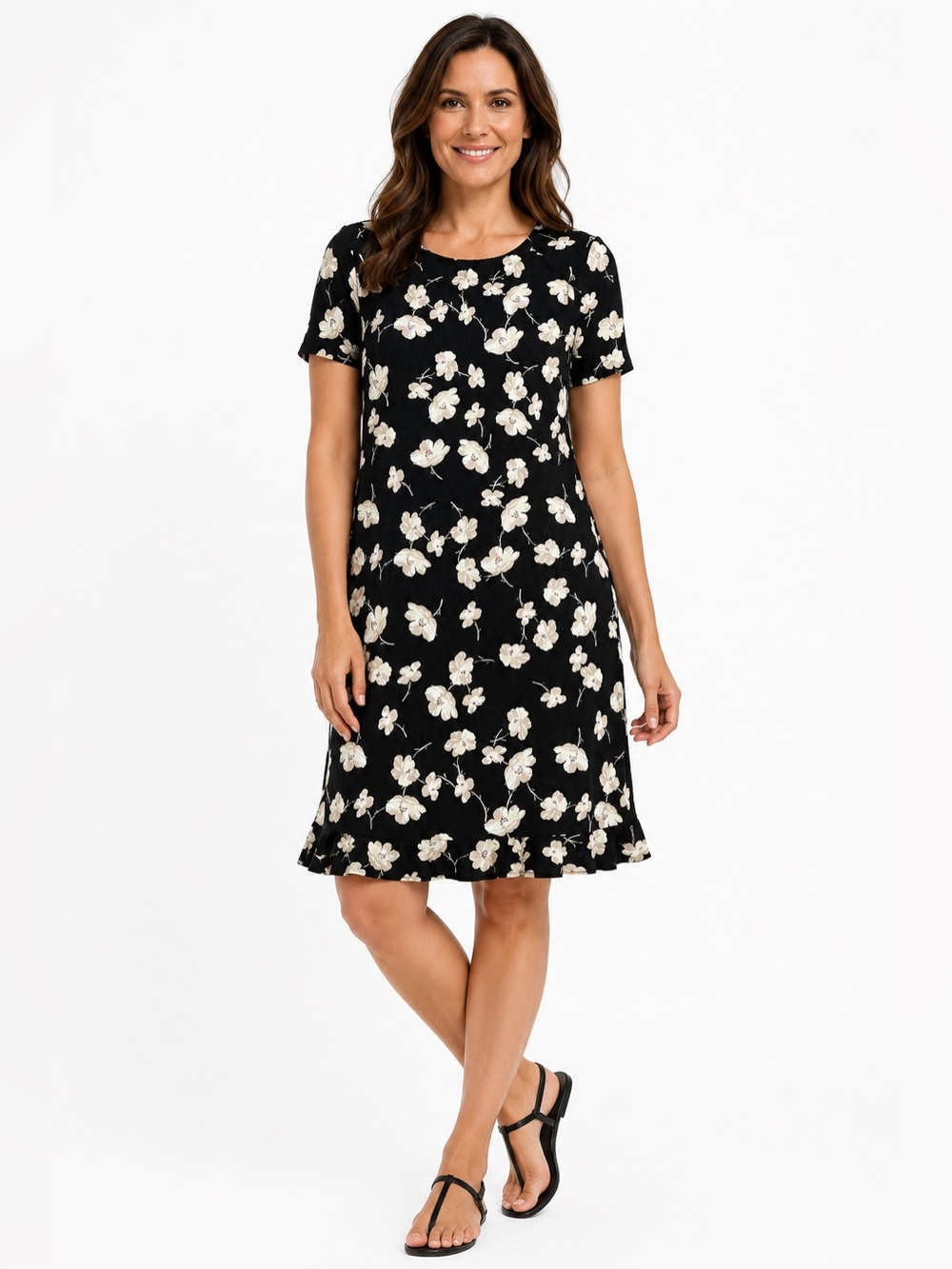 New J. Jill Dress Stretch Jersey Ruffle Flutter Floral black Small Whimsical